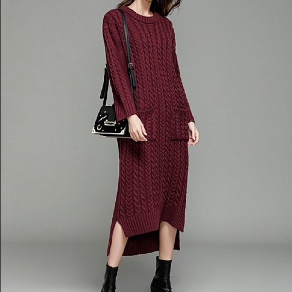 Coeur de Vague Dresses & Skirts - Burgundy Cable Knit Hi-Love Sweater Dress